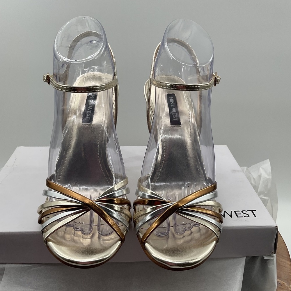Nine West Womens Tri-Tone Metallic Strappy Stiletto Heel Sandals Gold Silver 7M